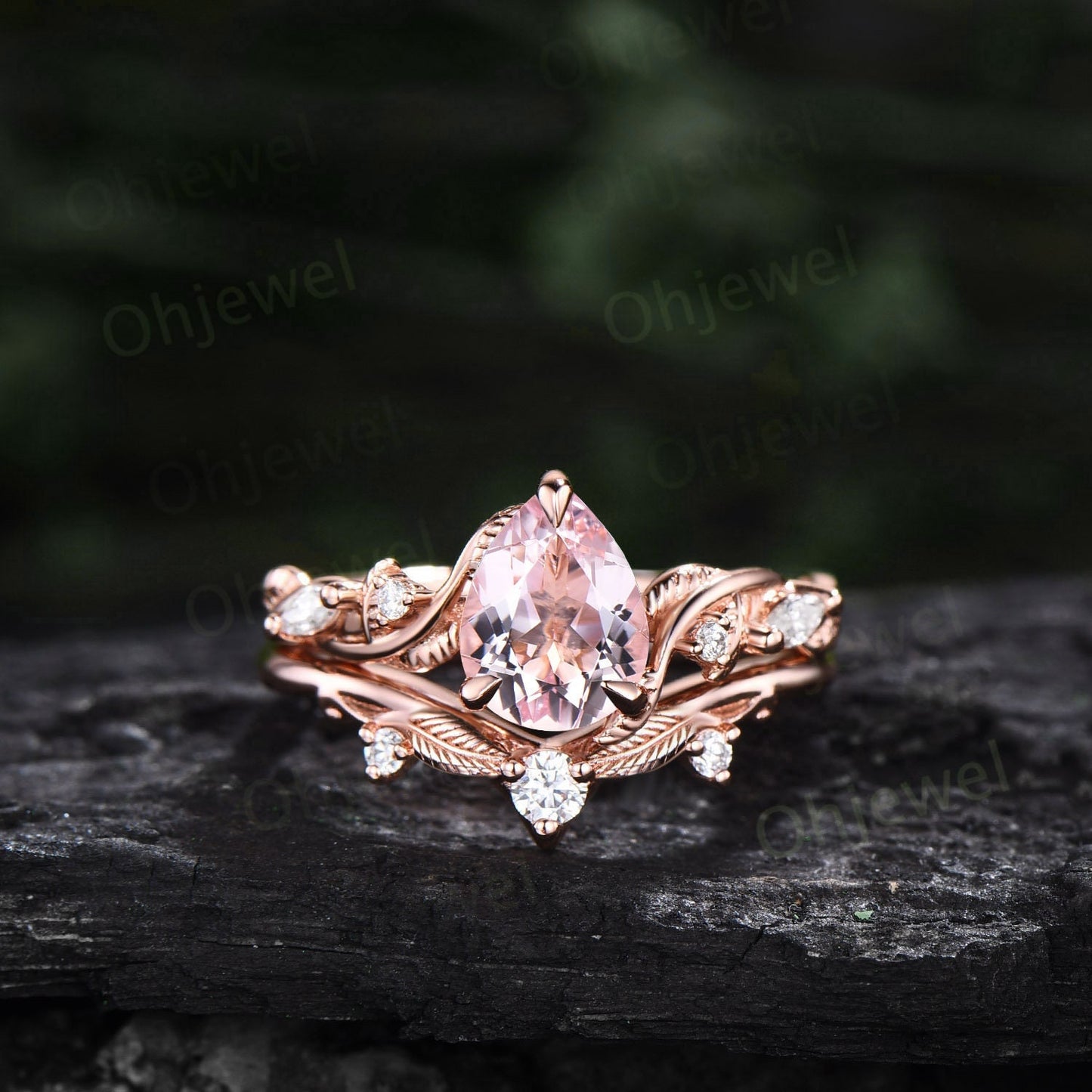 Unique pear shaped pink morganite engagement ring set solid 14k rose gold Twig branch leaf nature inspired diamond anniversary ring women