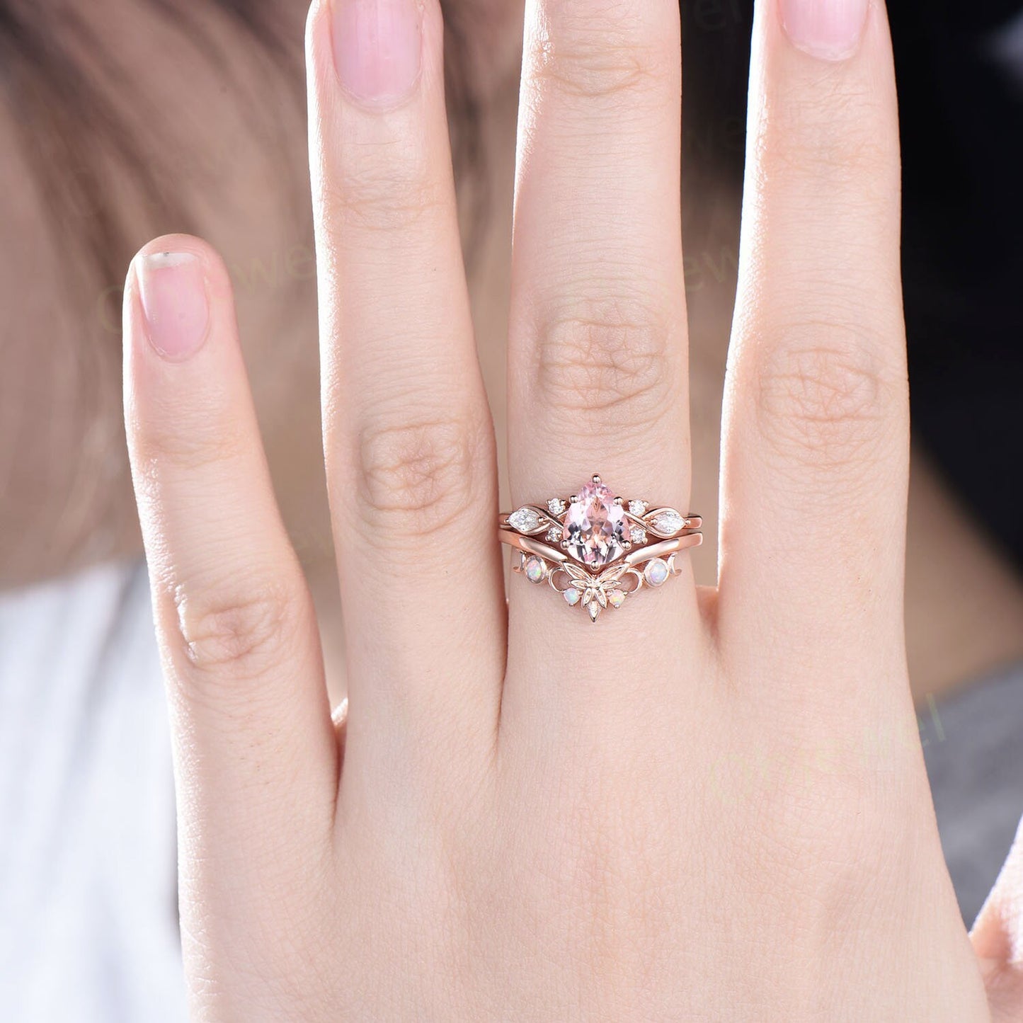 Pear shaped pink morganite ring vintage morganite engagement ring Twisted art deco rose gold ring leaf Celtic knot anniversary ring women