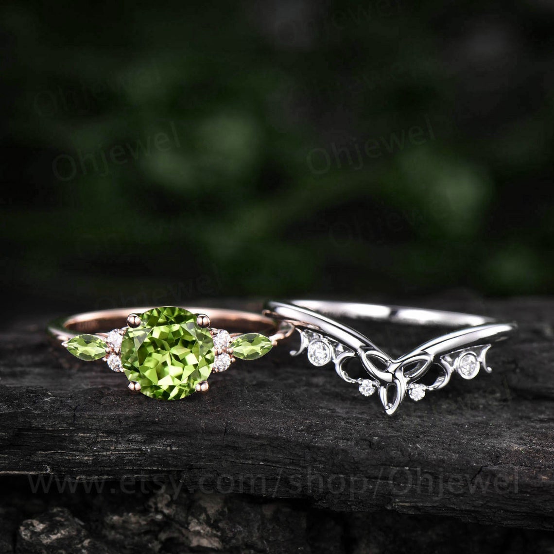 Round cut peridot ring vintage peridot engagement ring set solid 14k rose gold art deco moissanite ring for women wedding bridal ring set