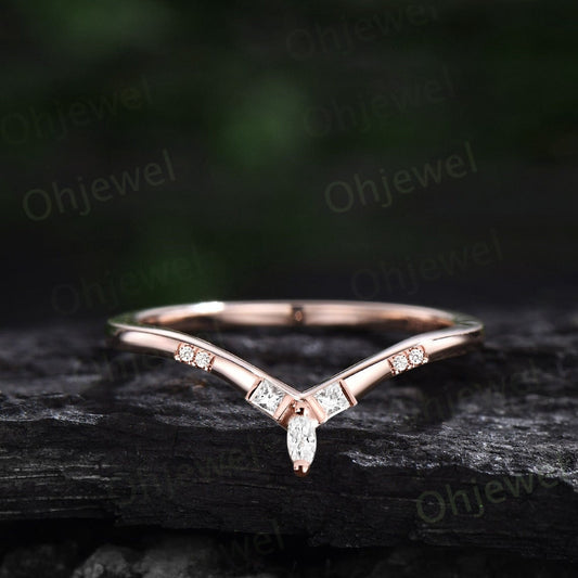 Princess cut diamond wedding band art deco curved moissanite wedding ring band women vintage 14k rose gold 7 stone anniversary ring gift