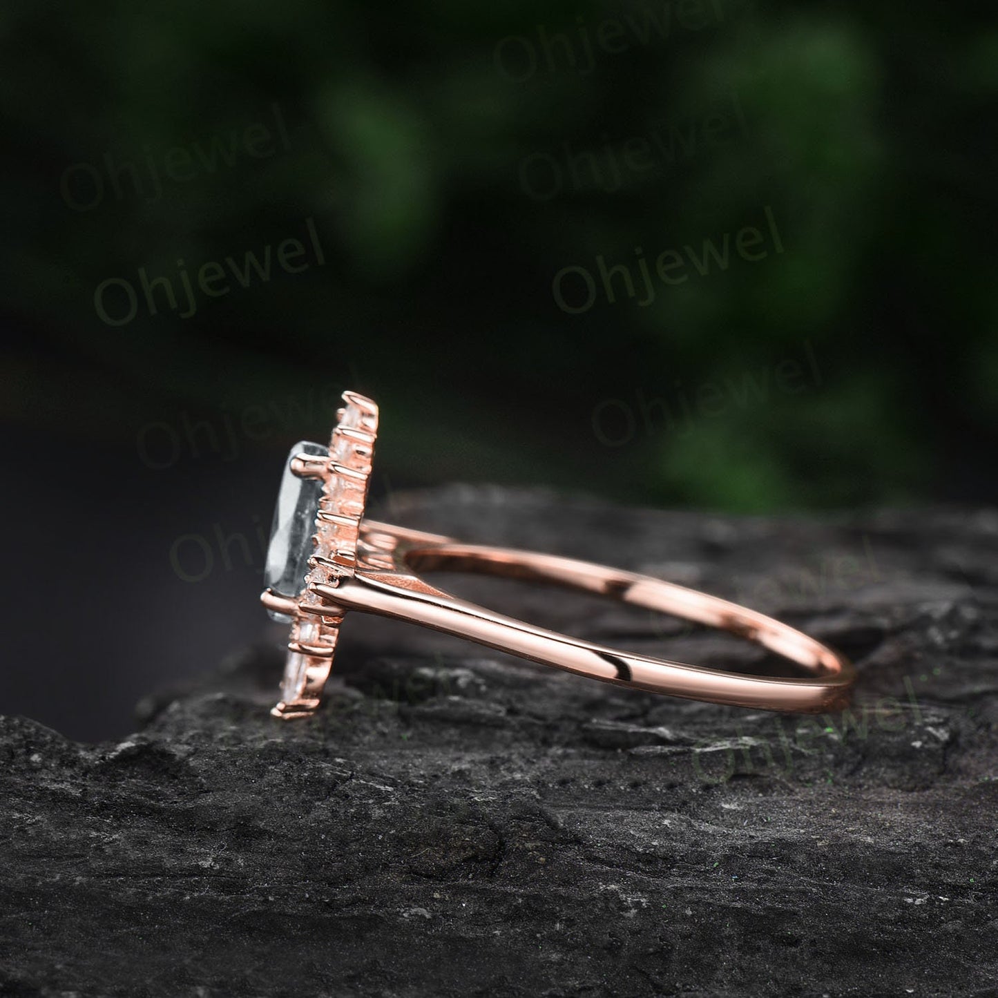 Dainty pear shaped moonstone ring unique engagement ring art deco rose gold vintage style ring halo moissanite anniversary ring women gift