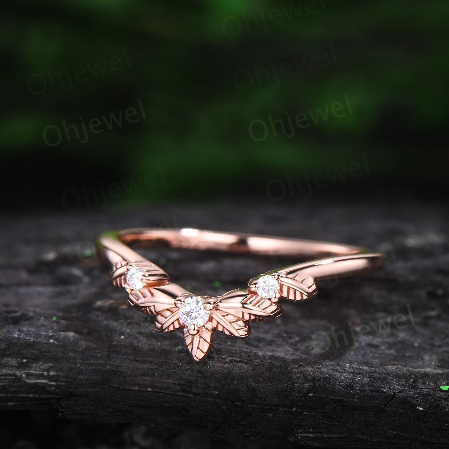 Leaf twig diamond wedding band three stone 14k rose gold ring stacking nature inspired  curved moissanite wedding ring band women gift