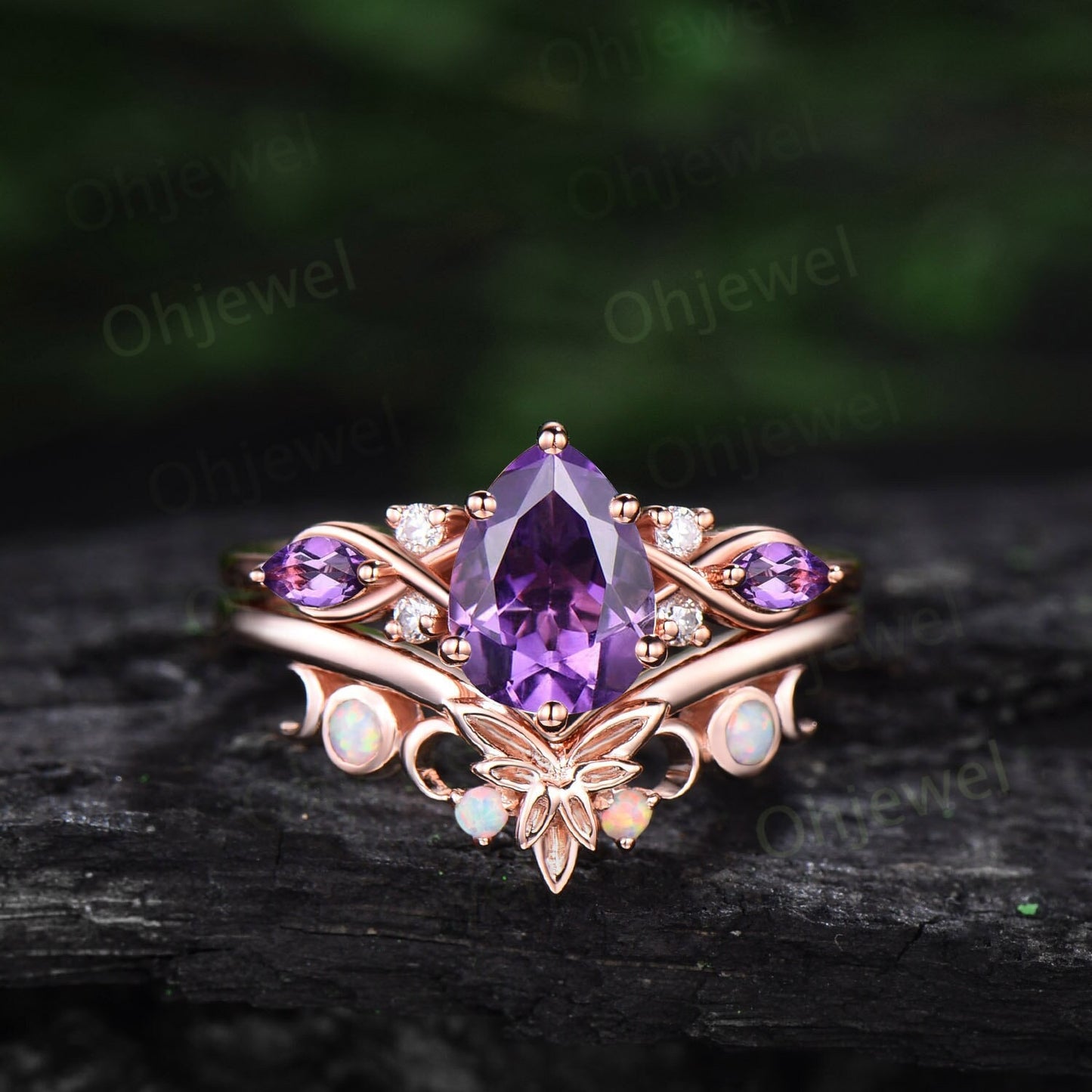 Pear shaped Amethyst ring vintage unique Amethyst engagement ring set cluster rose gold opal ring leaf Celtic knot wedding ring set women