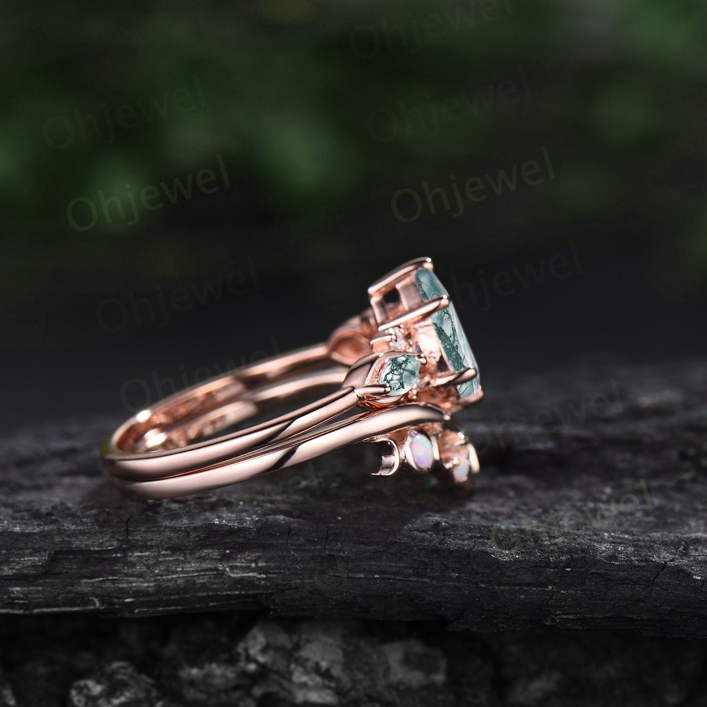 Pear shaped green moss agate ring vintage unique engagement ring art deco rose gold leaf moon opal ring women twisted promise ring set gift