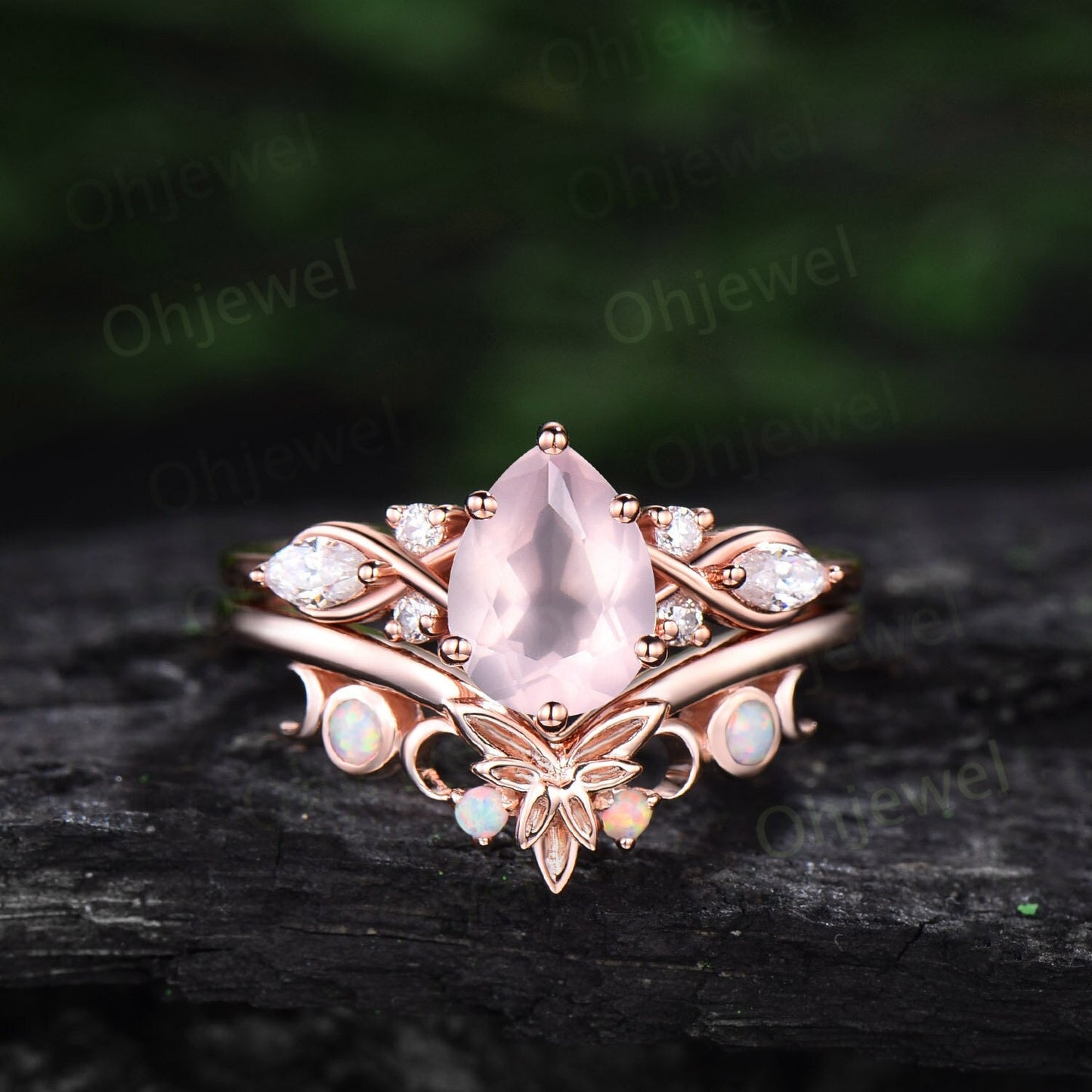 Pear shaped Rose quartz ring vintage unique Rose quartz engagement ring cluster rose gold opal ring leaf Celtic knot wedding ring set women