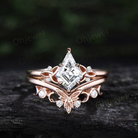 Vintage kite cut moissanite engagement ring set Celtic Knot rose gold five stone cluster diamond ring unique anniversary ring set women gift