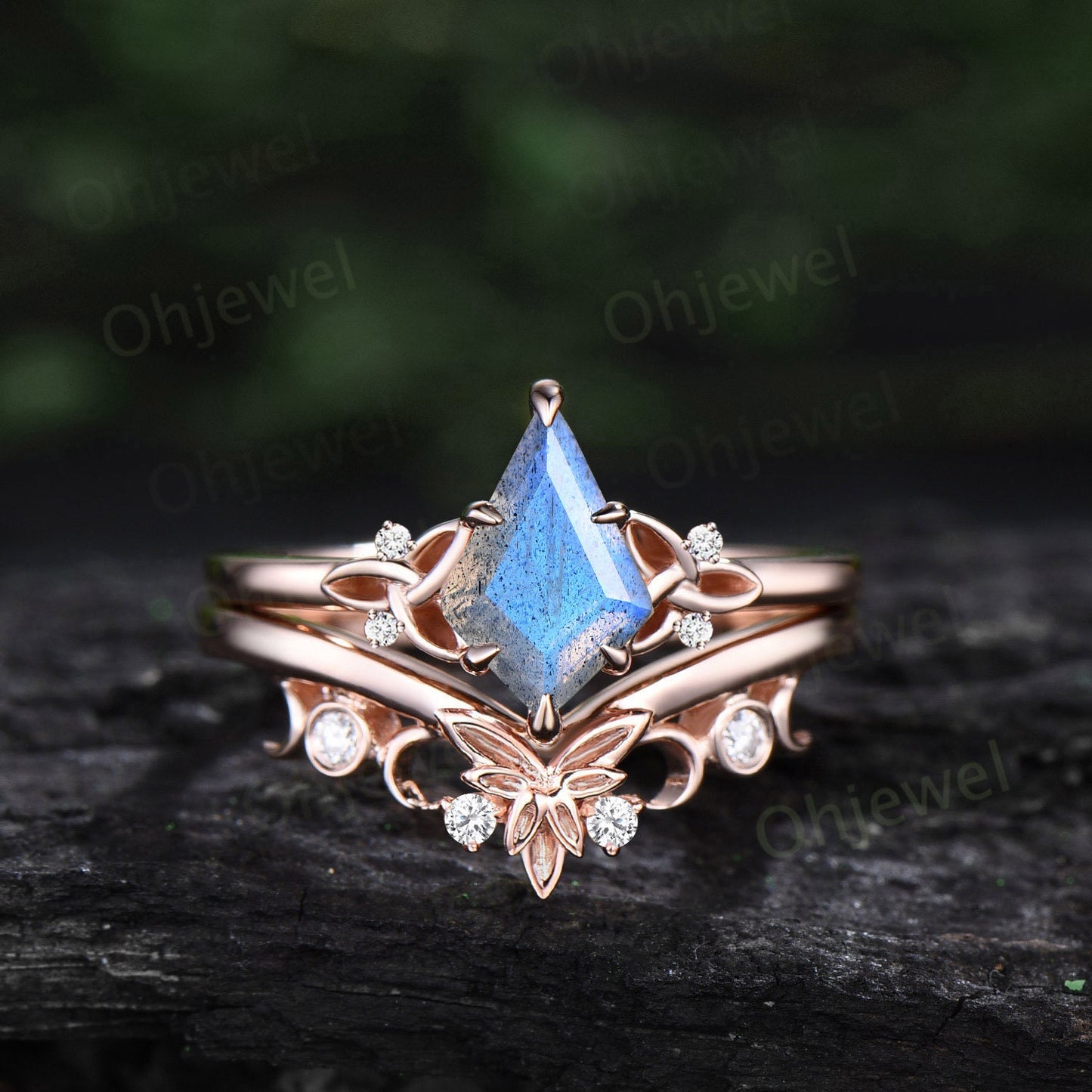 Blue Labradorite ring women vintage Kite cut Labradorite engagement ring set Celtic Knot rose gold cluster diamond ring unique promise ring