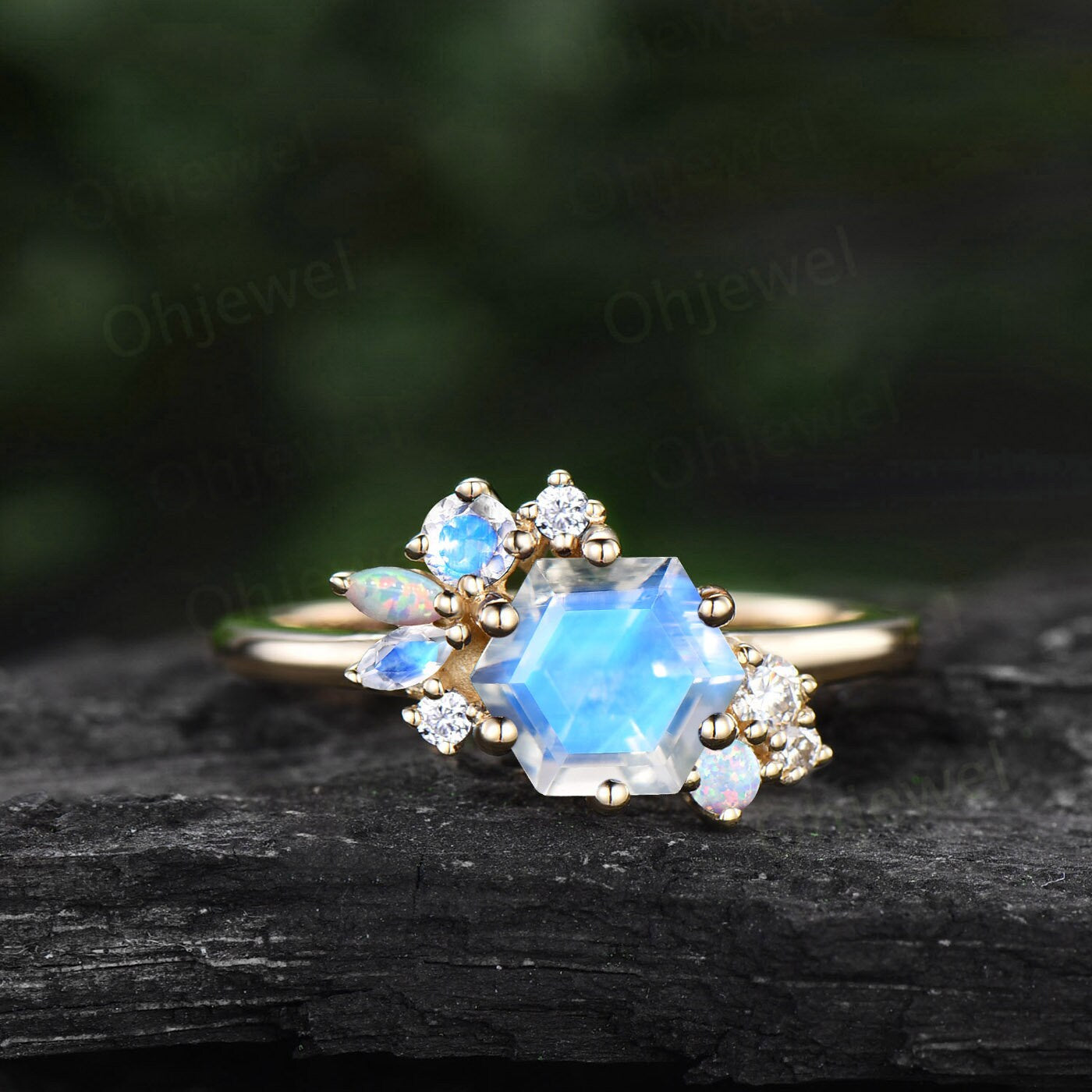 Hexagon cut Moonstone ring vintage unique Moonstone engagement ring rose gold dainty cluster art deco alexandrite wedding ring women gift