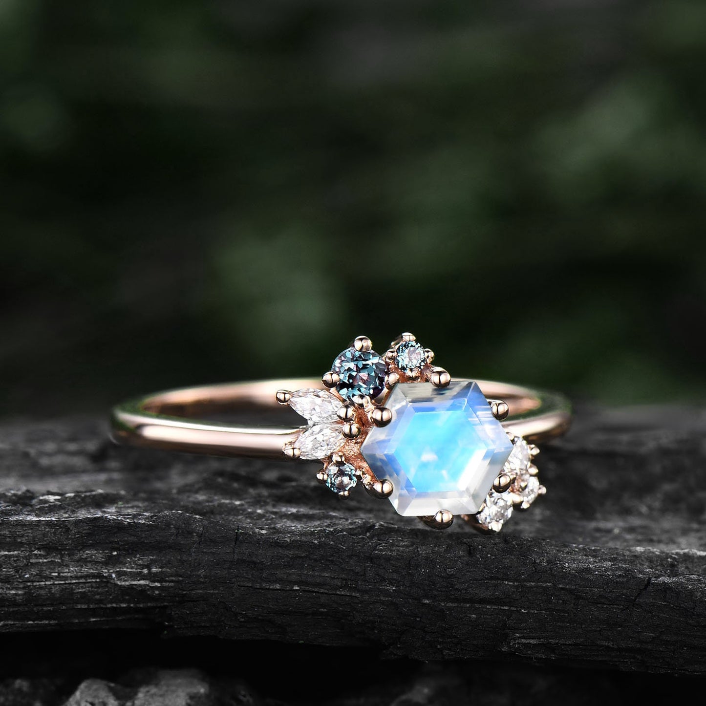 Hexagon cut Moonstone ring vintage unique Moonstone engagement ring rose gold dainty cluster art deco alexandrite wedding ring women gift