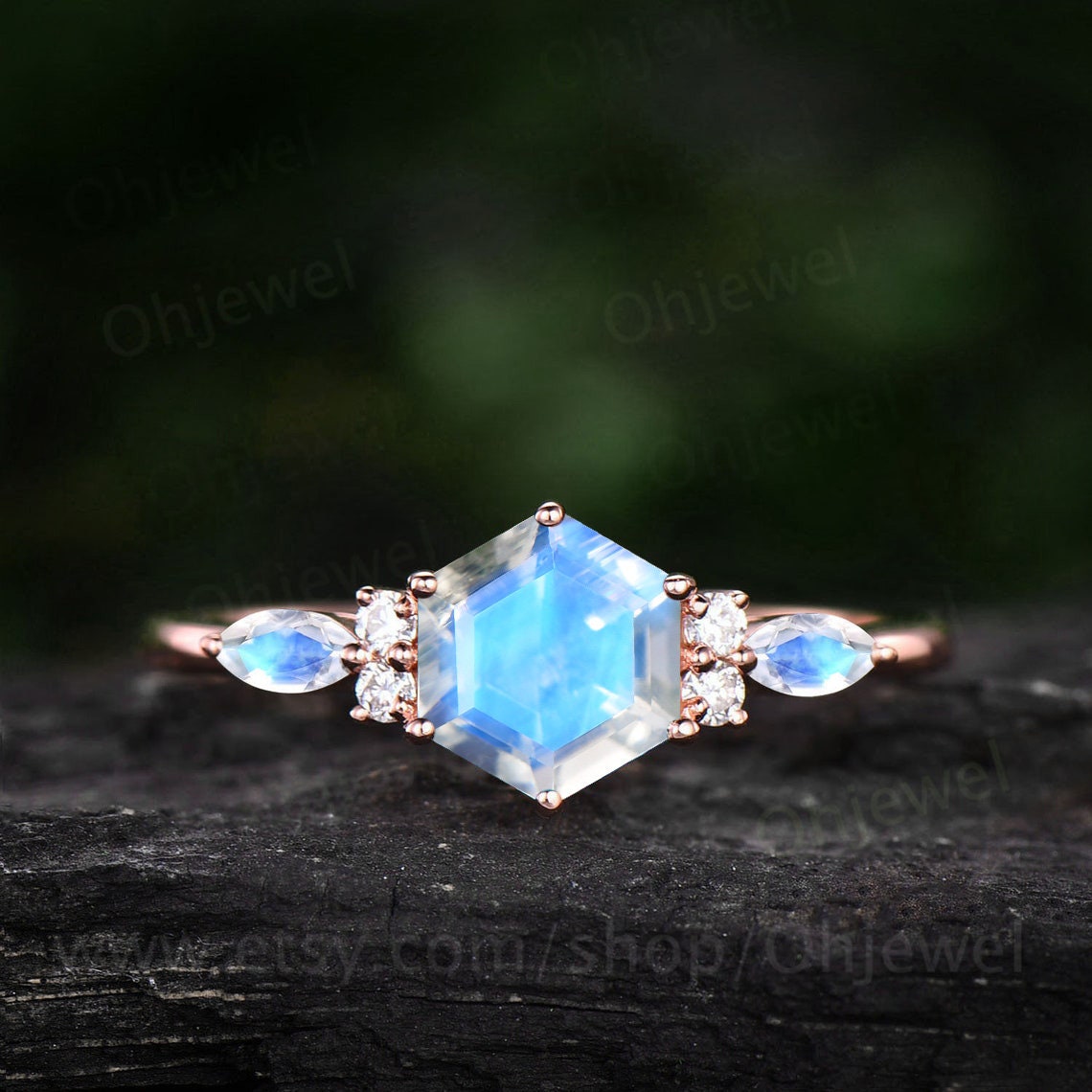 Vintage hexagon cut moonstone engagement ring 14k rose gold 6 prong marquise cut ring dainty moissanite ring women anniversary ring gift
