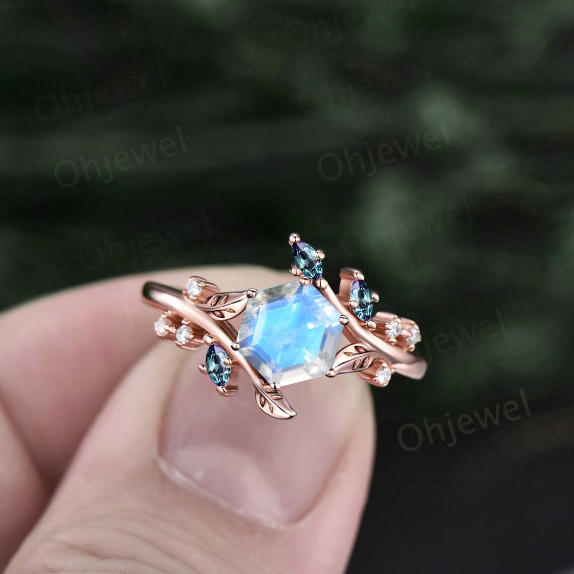 Twig Hexagon cut moonstone engagement ring Nature inspired rose gold ring leaf marqusie moonstone ring women unique anniversary ring gift