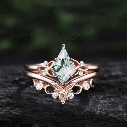 Green moss agate ring women vintage Kite cut moss agate engagement ring Celtic Knot rose gold cluster diamond ring unique promise ring set