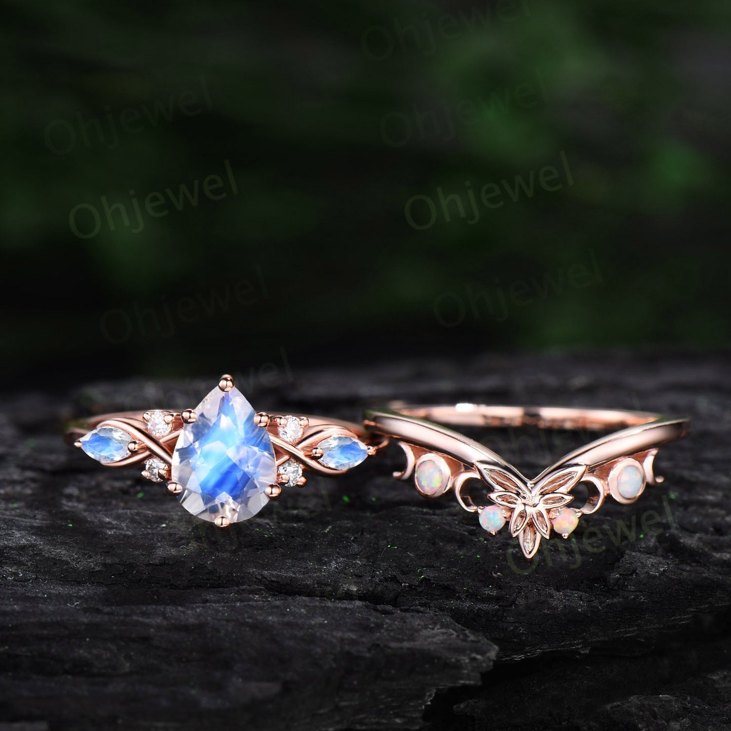 Pear shaped moonstone ring vintage moonstone engagement ring Twisted art deco rose gold ring leaf Celtic knot anniversary ring women gift