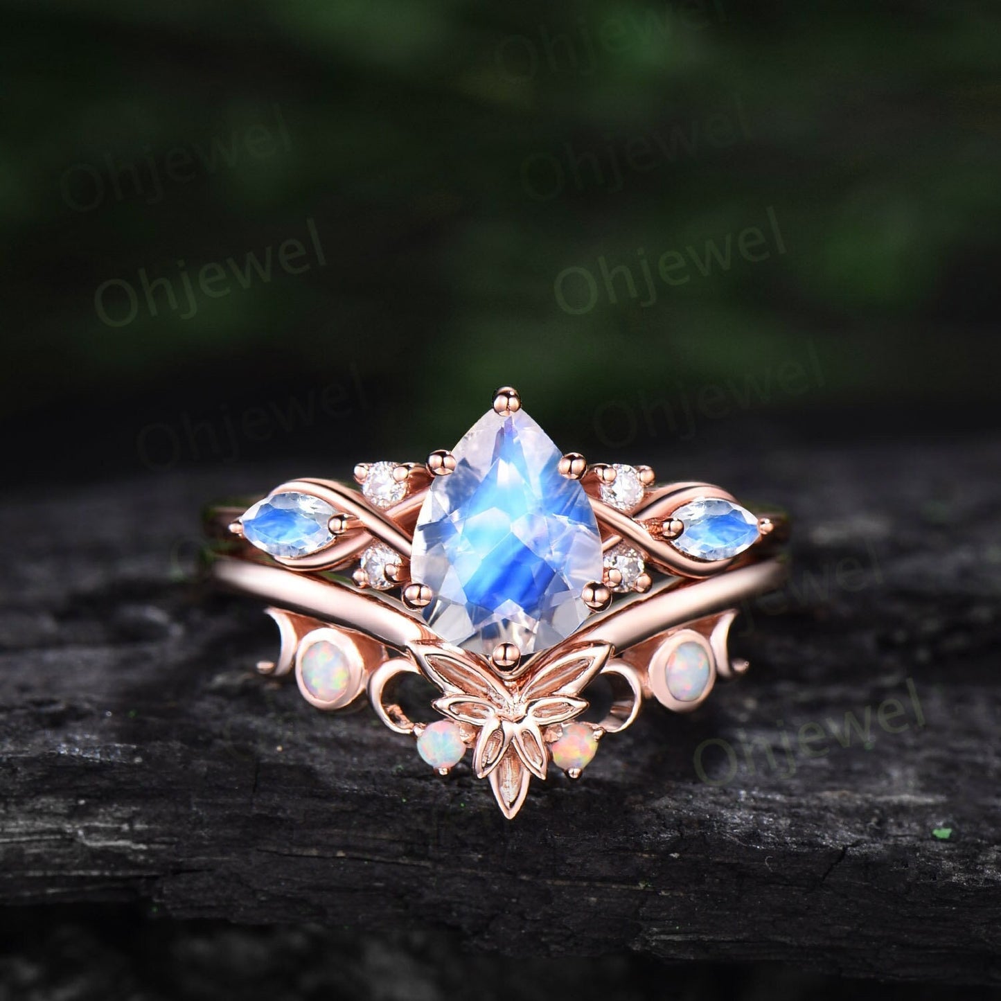 Pear shaped moonstone ring vintage moonstone engagement ring Twisted art deco rose gold ring leaf Celtic knot anniversary ring women gift