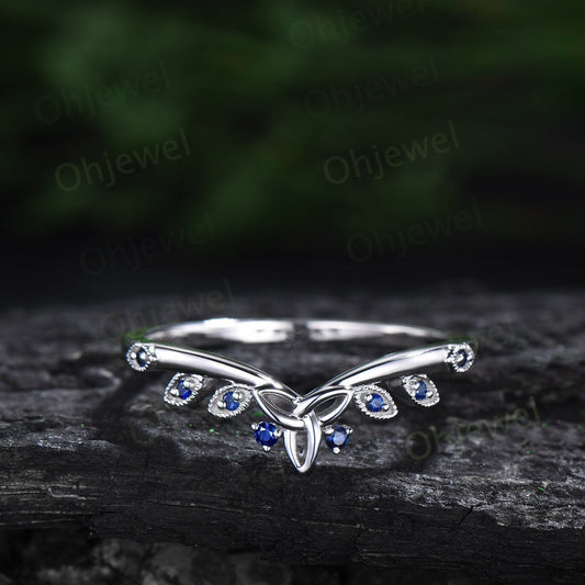 Sapphire wedding band 14k white gold natural sapphire ring Celtic knot art deco Milgrain wedding ring band women anniversary ring gift