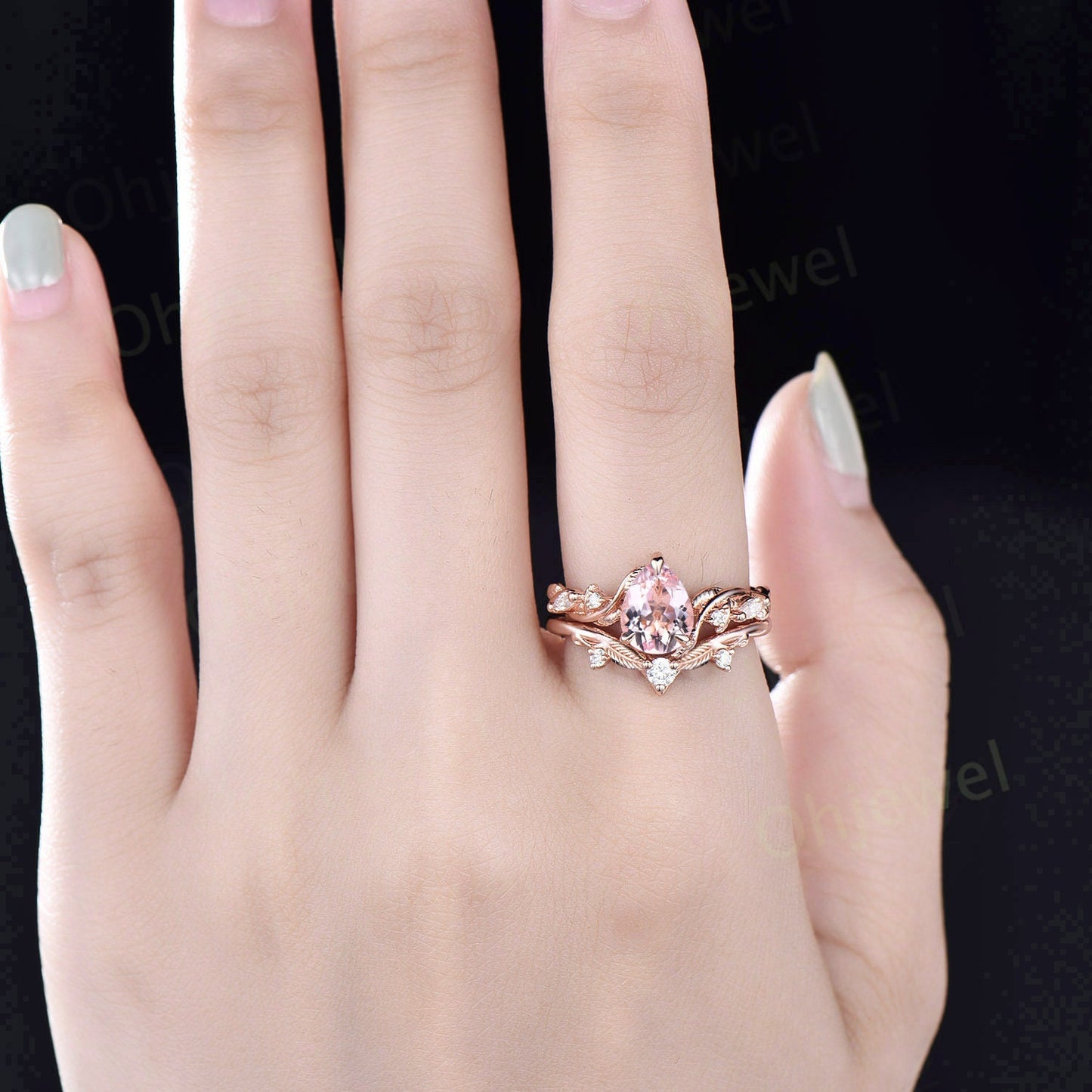Unique pear shaped pink morganite engagement ring set solid 14k rose gold Twig branch leaf nature inspired diamond anniversary ring women