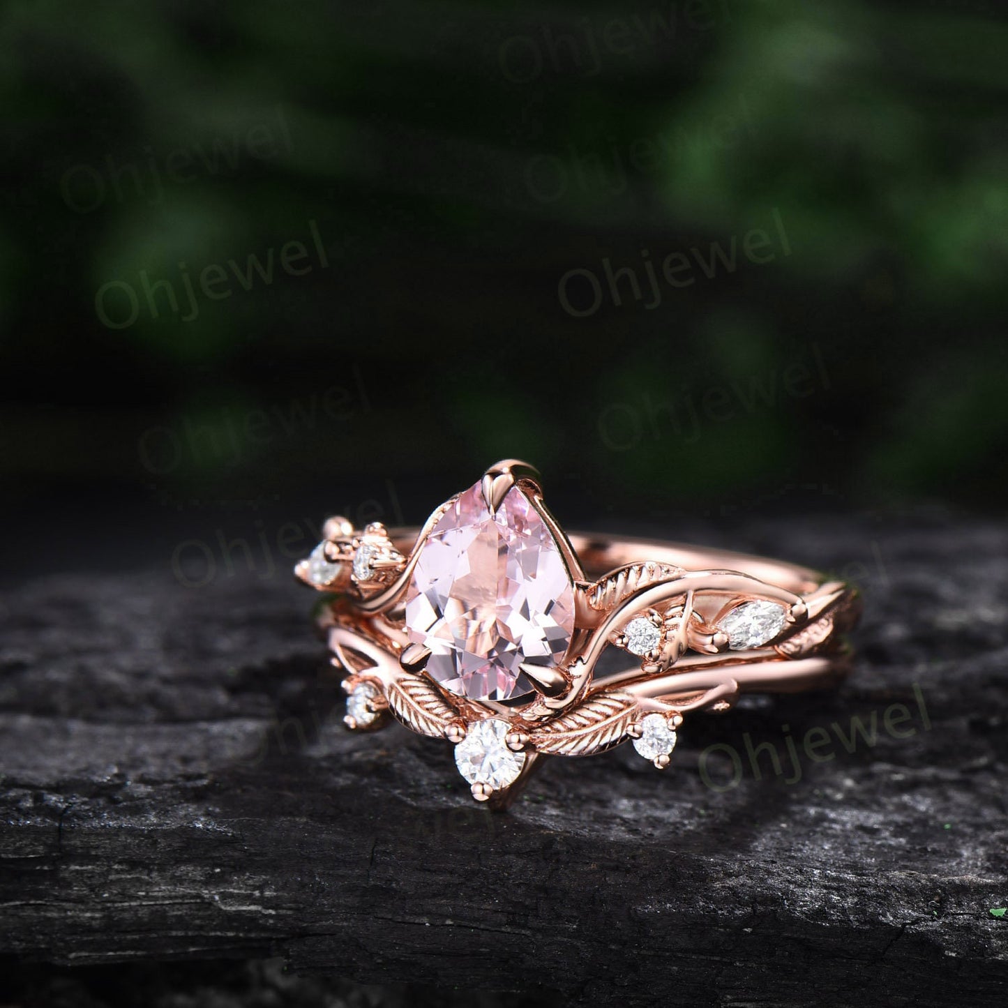 Unique pear shaped pink morganite engagement ring set solid 14k rose gold Twig branch leaf nature inspired diamond anniversary ring women