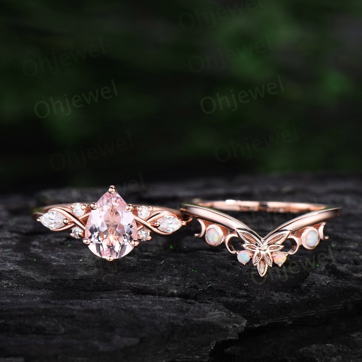 Pear shaped pink morganite ring vintage morganite engagement ring Twisted art deco rose gold ring leaf Celtic knot anniversary ring women