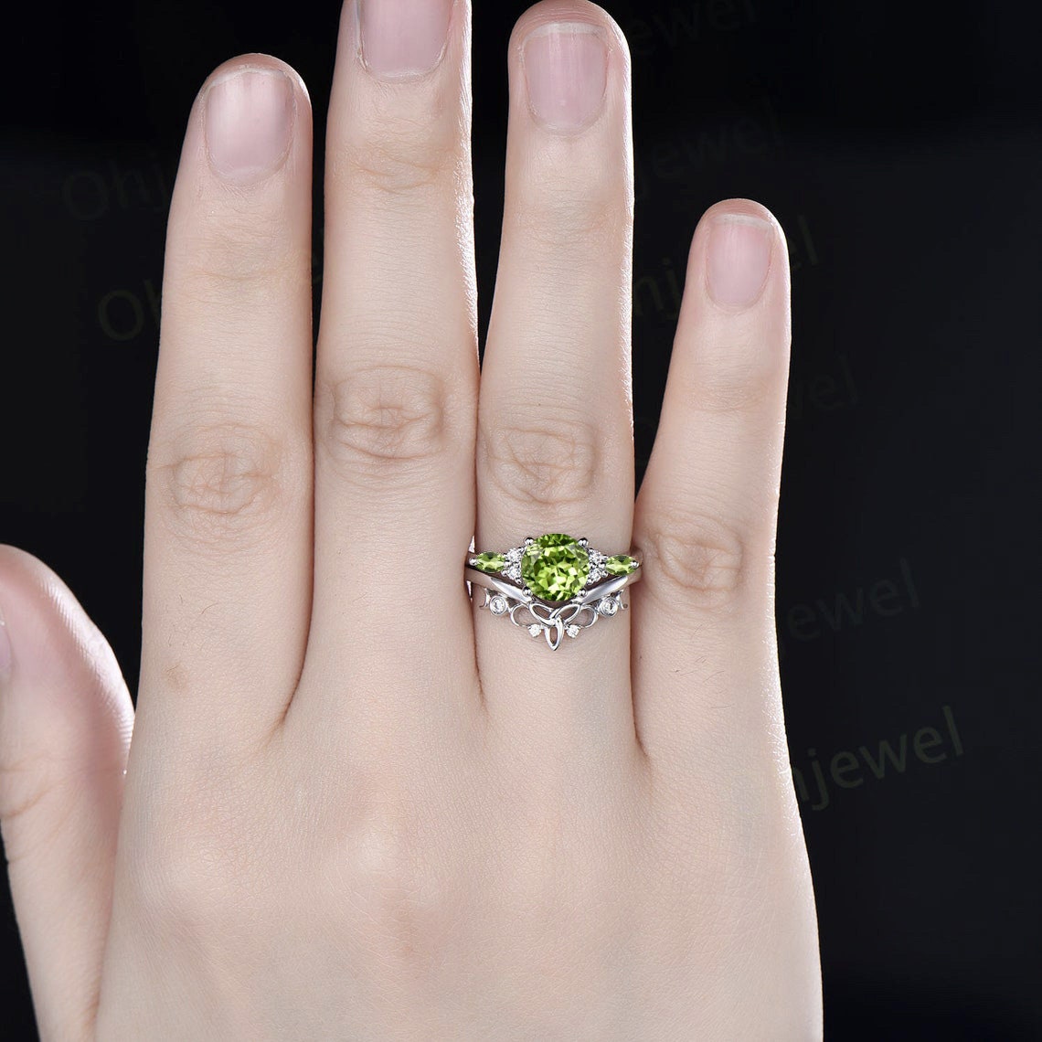 Round cut peridot ring vintage peridot engagement ring set solid 14k rose gold art deco moissanite ring for women wedding bridal ring set