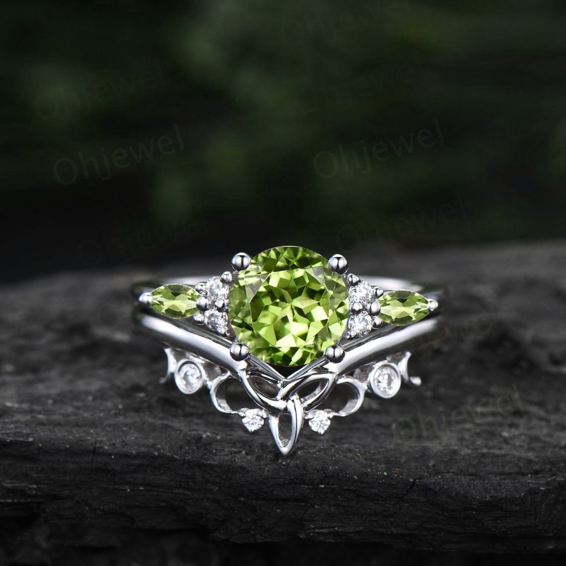 Round cut peridot ring vintage peridot engagement ring set solid 14k rose gold art deco moissanite ring for women wedding bridal ring set