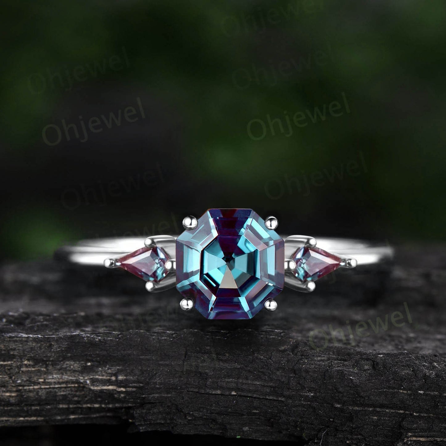 Octagon cut Alexandrite ring three stone rose gold ring kite cut Alexandrite ring dainty unique engagement ring anniversary ring for women