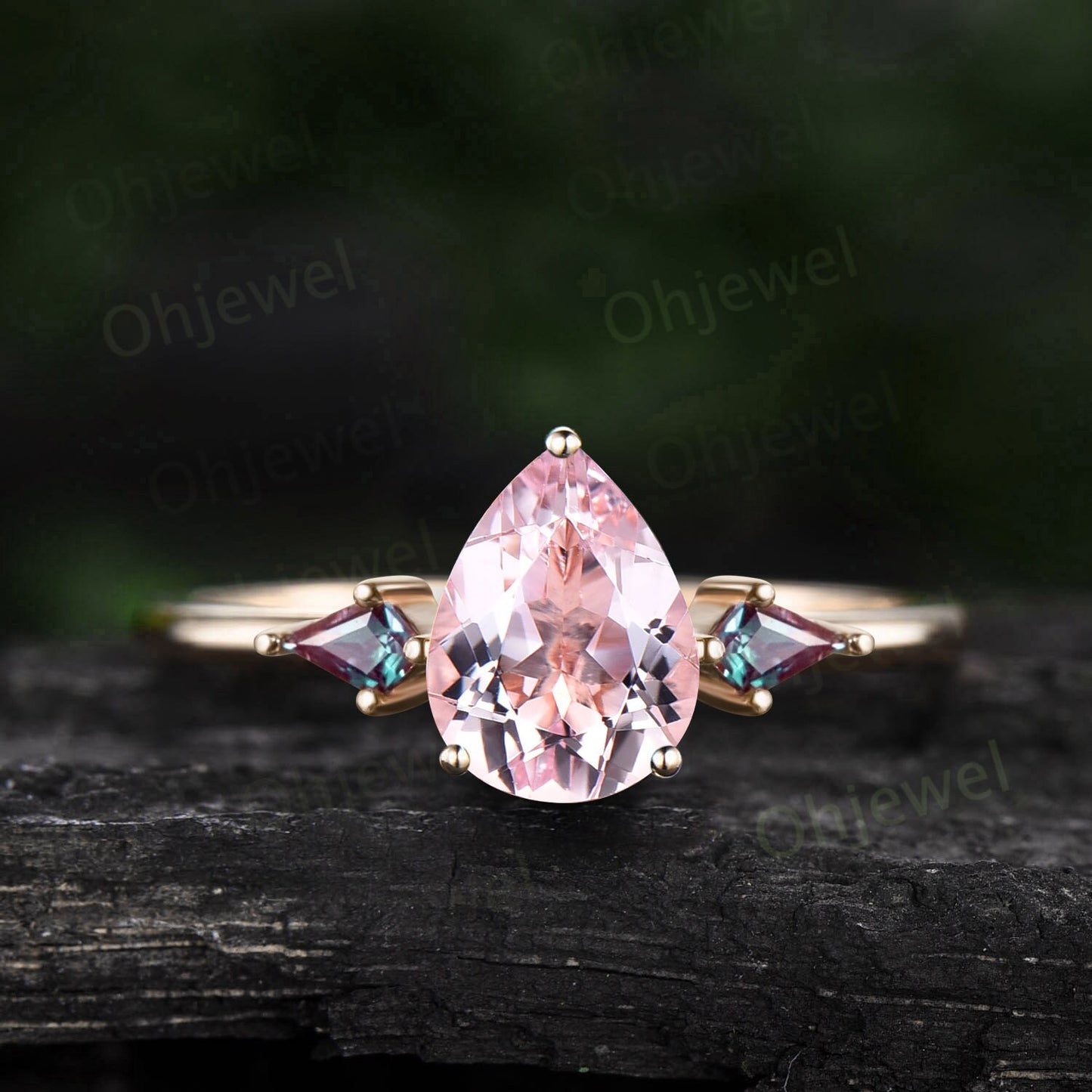 Pear shaped pink morganite ring three stone 14k rose gold ring kite cut Alexandrite ring dainty morganite engagement ring women promise ring