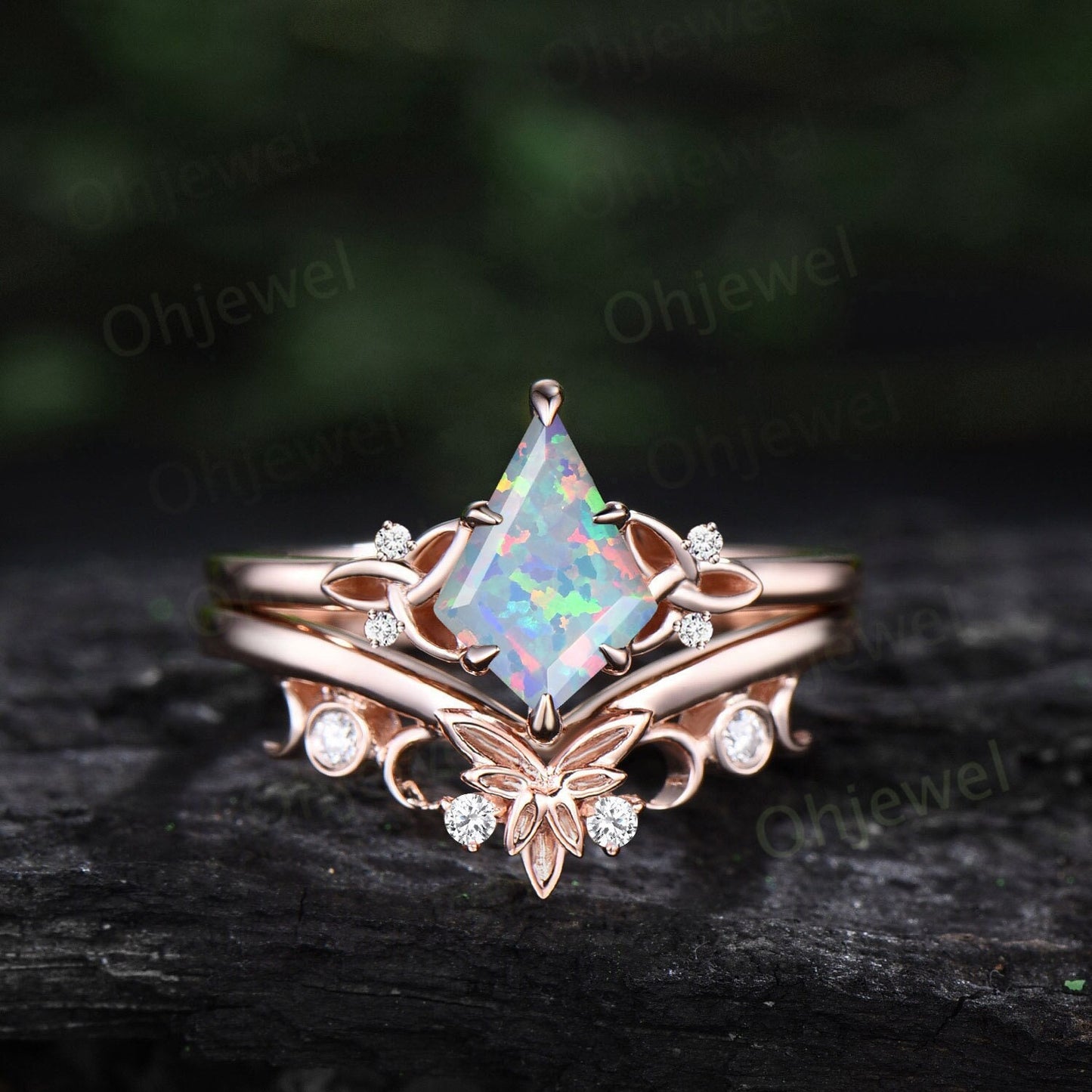 White opal ring women vintage Kite cut opal engagement ring Celtic Knot rose gold five stone cluster diamond ring unique promise ring set