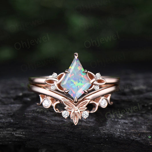 White opal ring women vintage Kite cut opal engagement ring Celtic Knot rose gold five stone cluster diamond ring unique promise ring set