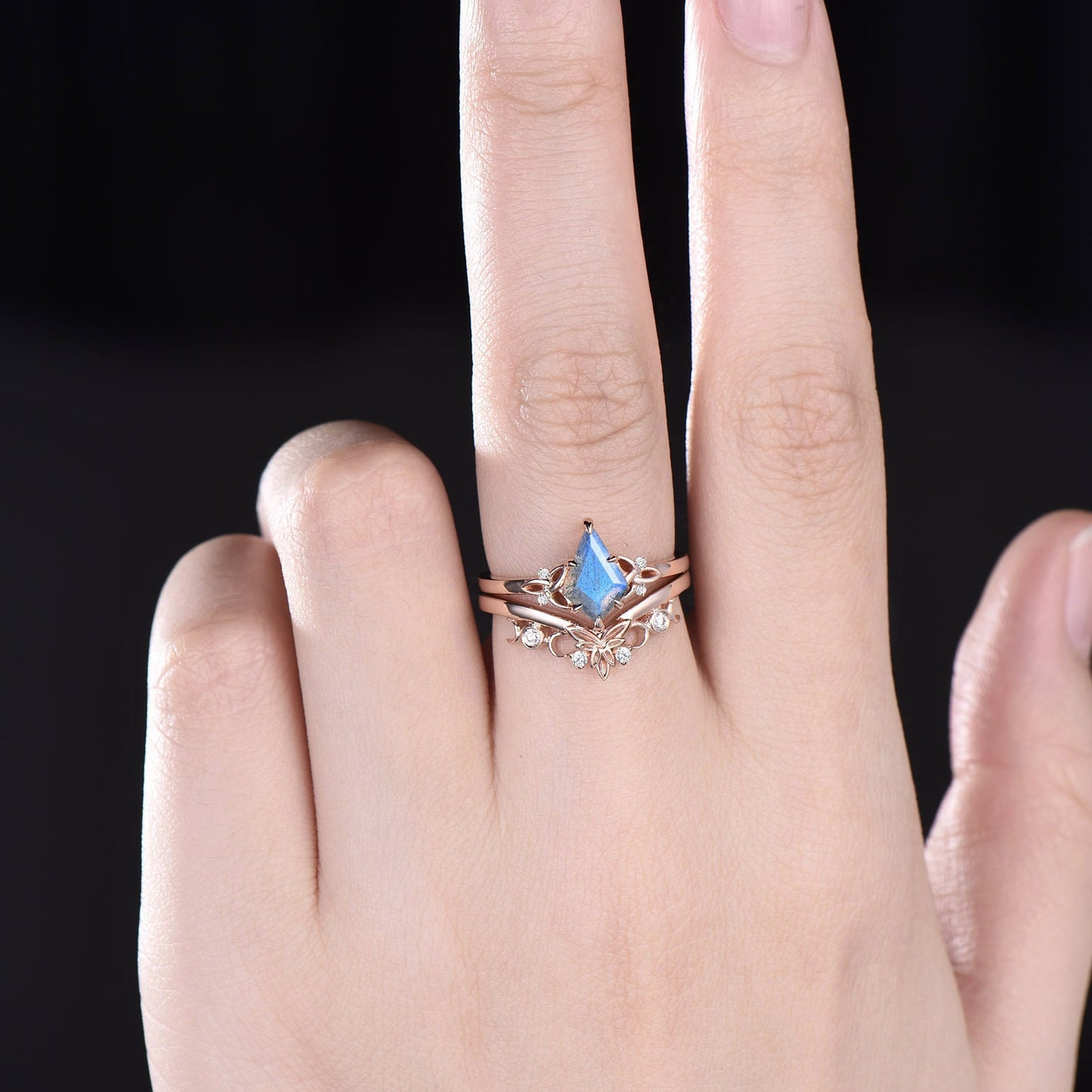 Blue Labradorite ring women vintage Kite cut Labradorite engagement ring set Celtic Knot rose gold cluster diamond ring unique promise ring
