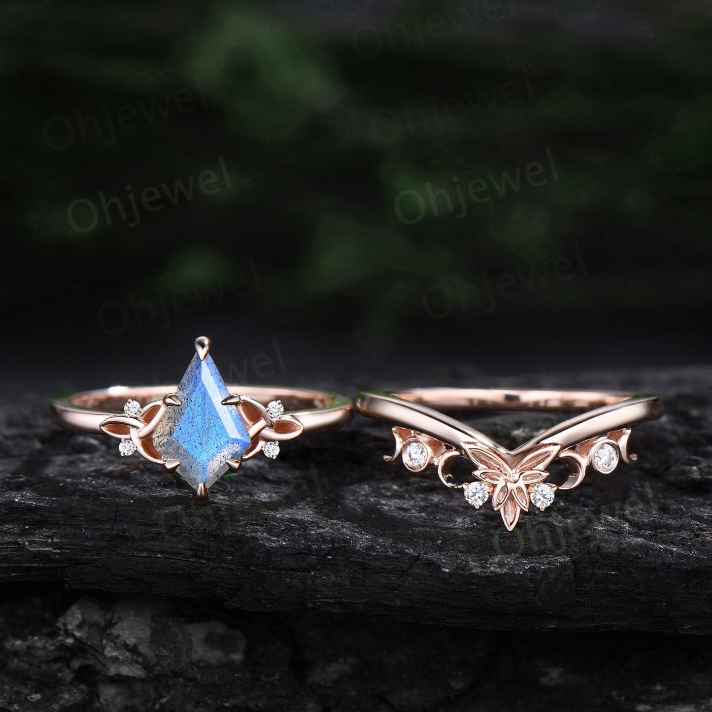 Blue Labradorite ring women vintage Kite cut Labradorite engagement ring set Celtic Knot rose gold cluster diamond ring unique promise ring