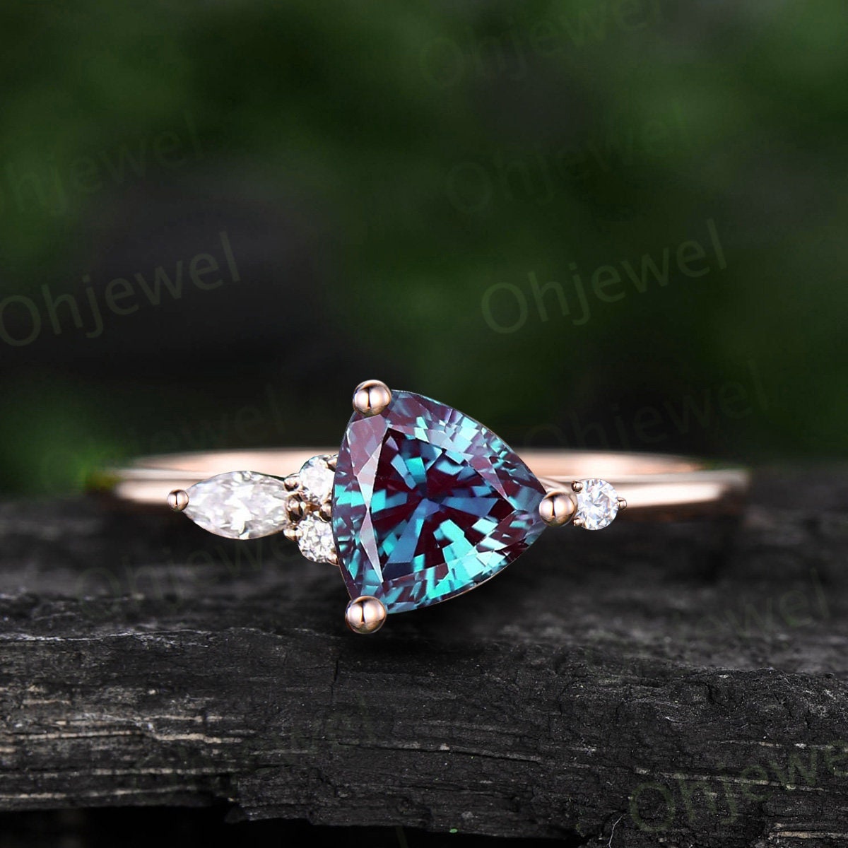 Trillion cut Alexandrite engagement ring rose gold five stone ring marquise moonstone ring women unique diamond bridal wedding promise ring