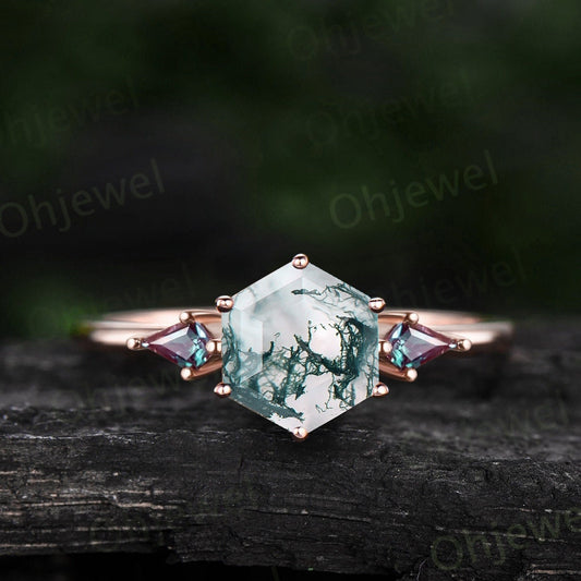 7mm Hexagon cut green moss agate ring rose gold vintage kite cut alexandrite ring dainty unique engagement ring promise bridal ring women