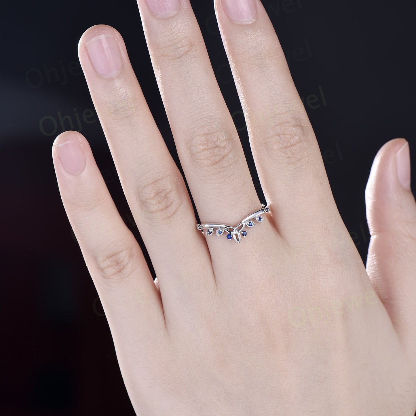 Sapphire wedding band 14k white gold natural sapphire ring Celtic knot art deco Milgrain wedding ring band women anniversary ring gift