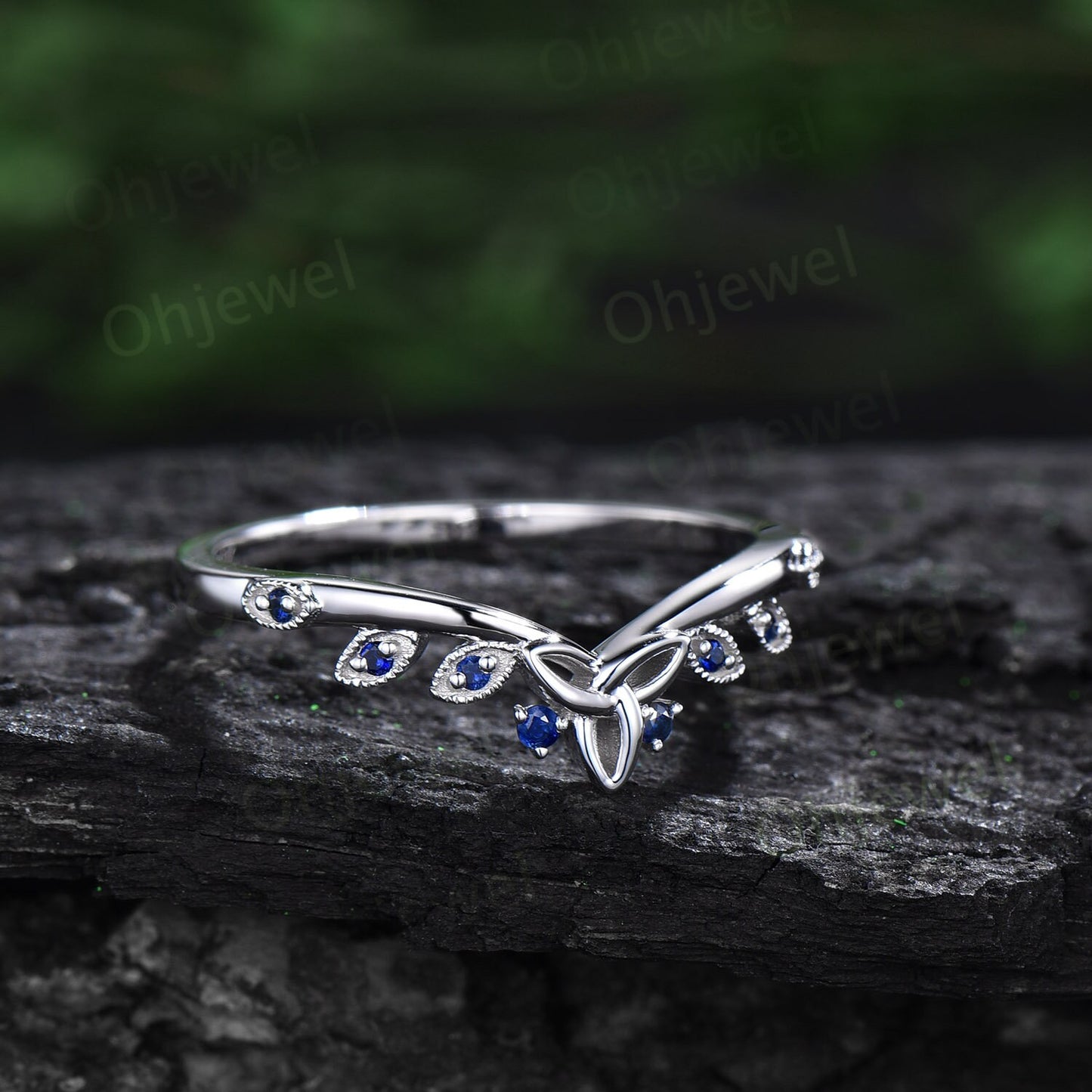Sapphire wedding band 14k white gold natural sapphire ring Celtic knot art deco Milgrain wedding ring band women anniversary ring gift
