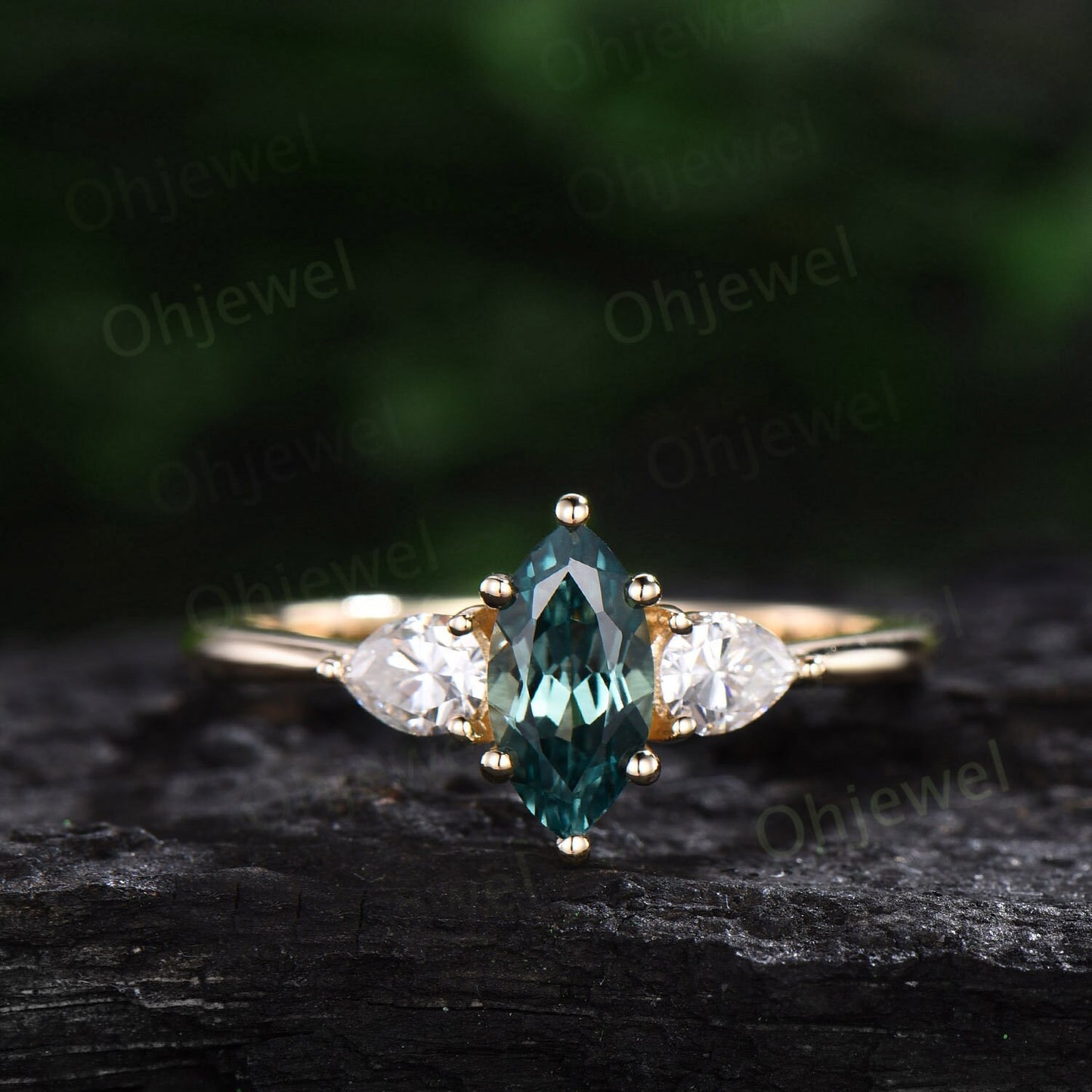 Marquise cut green sapphire ring three stone teal sapphire ring 14k yellow gold pear moissanite ring 6 prong dainty engagement ring women