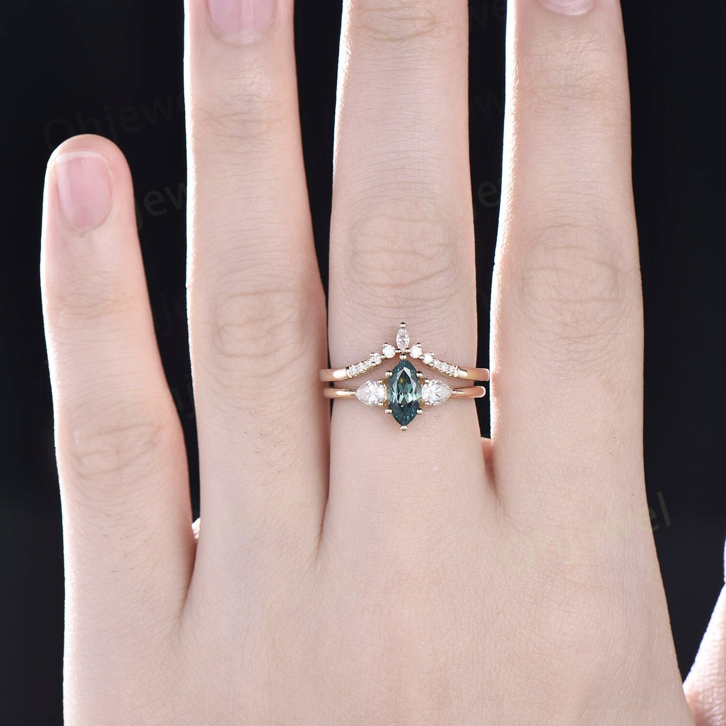 Marquise cut green sapphire ring three stone teal sapphire ring 14k yellow gold pear moissanite ring 6 prong dainty engagement ring women