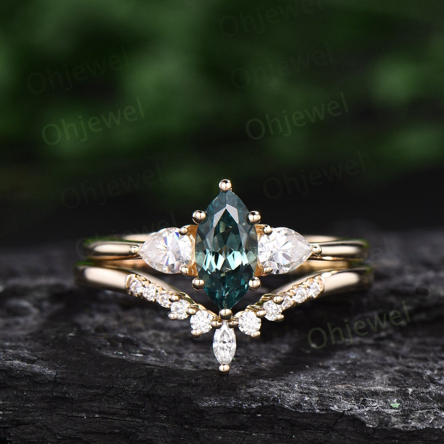 Marquise cut green sapphire ring three stone teal sapphire ring 14k yellow gold pear moissanite ring 6 prong dainty engagement ring women