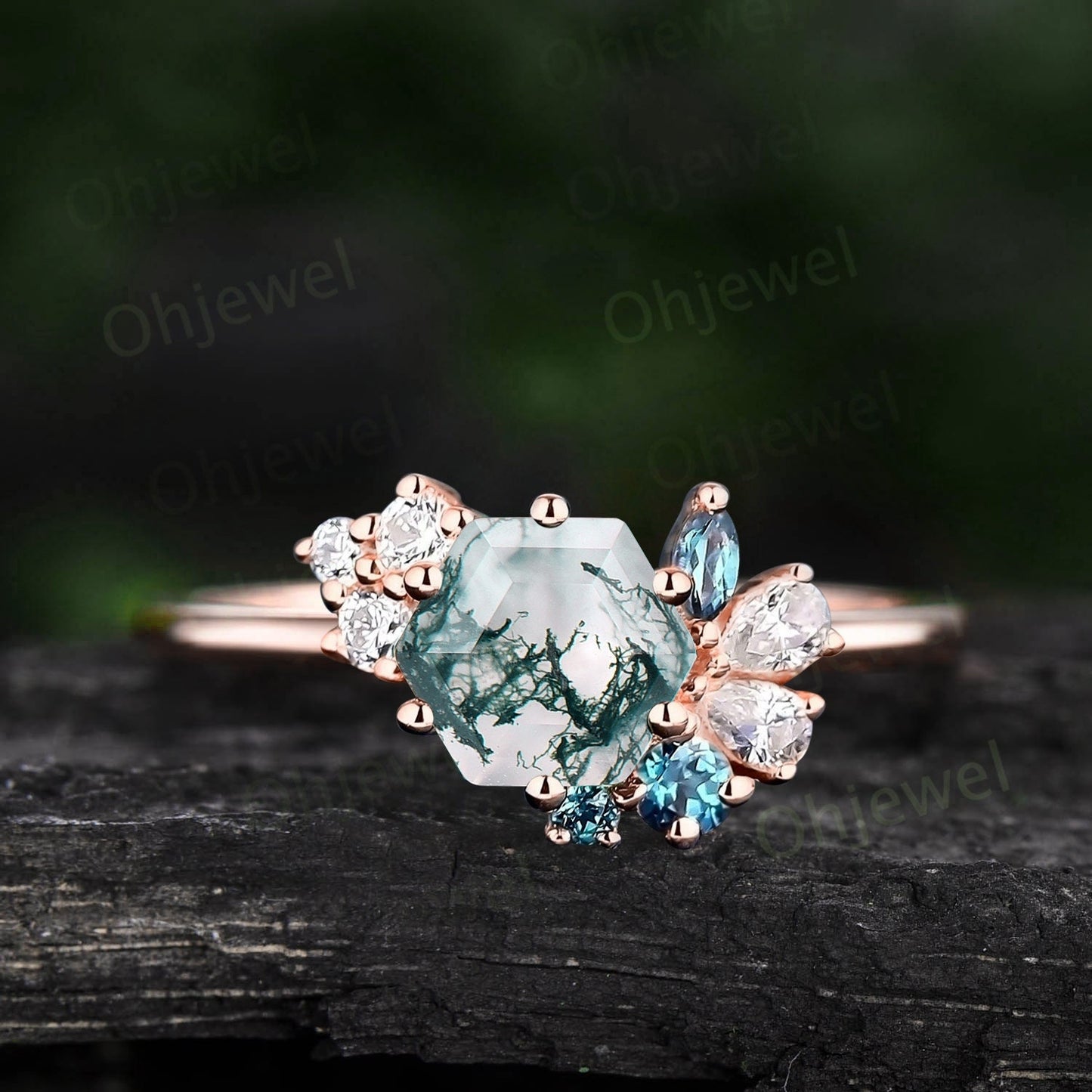 Cluster Hexagon cut natural moss agate ring engagement ring women 925 sterling silver dainty Alexandrite ring rose gold handmade ring gift