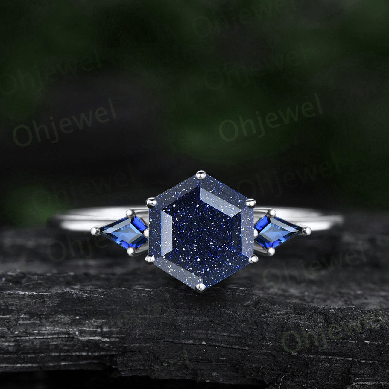 Hexagon cut blue sandstone ring three stone kite cut sapphire ring rose gold unique engagement ring women Minimalist 6 prong promise ring