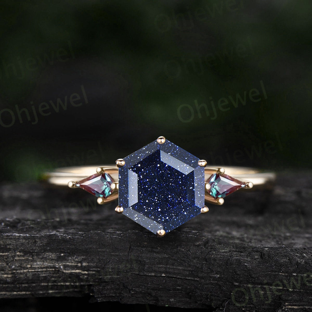 Hexagon cut blue sandstone ring three stone kite cut sapphire ring rose gold unique engagement ring women Minimalist 6 prong promise ring