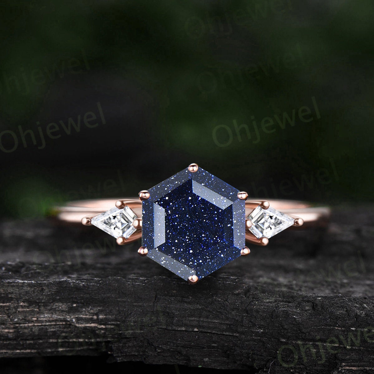 Hexagon cut blue sandstone ring three stone kite cut sapphire ring rose gold unique engagement ring women Minimalist 6 prong promise ring