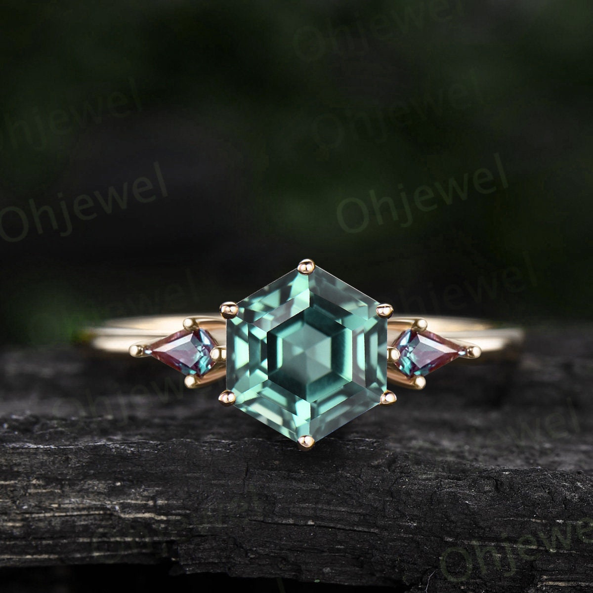 Hexagon cut green sapphire ring three stone kite cut emerald ring gold unique engagement ring women Minimalist 6 prong bridal wedding ring