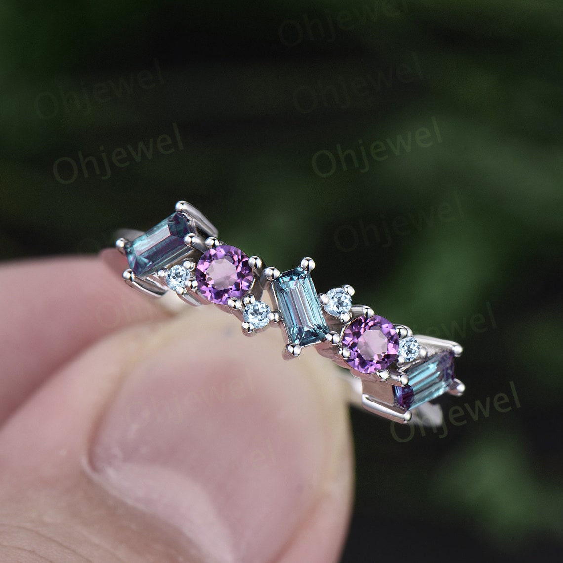 Baguette cut Alexandrite ring vintage cluster Amethyst ring women rose gold topaz wedding band gemstone unique bridal anniversary ring gift