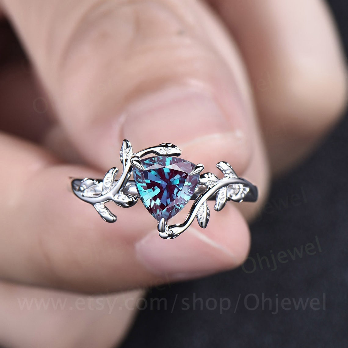 Vintage trilliant cut Alexandrite engagement ring leaf rose gold solitaire ring branches bridal ring women art deco unique promise ring her