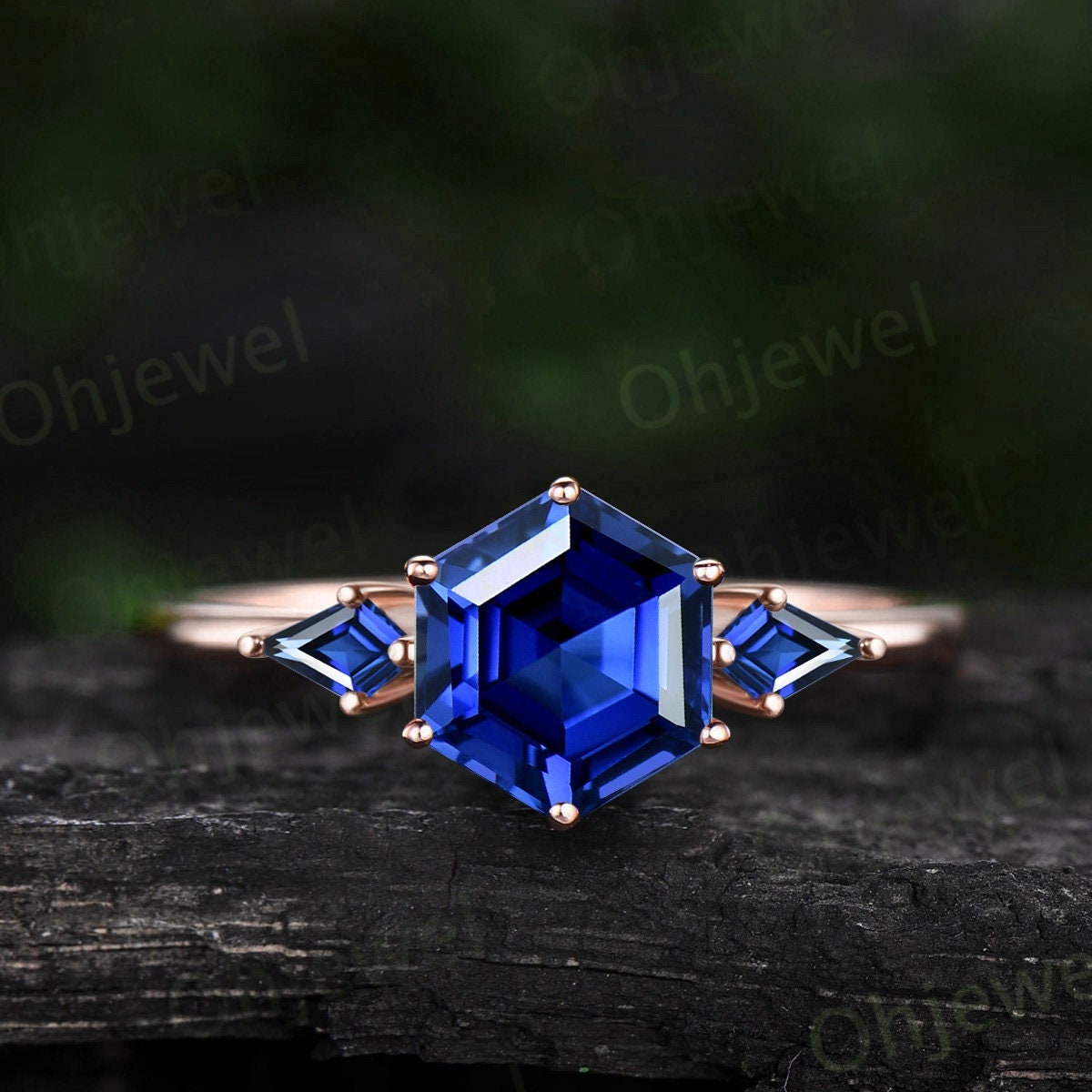 Vintage Hexagon sapphire engagement ring minimalist Three stone ring kite cut alexandrite ring gold women September birthstone bridal ring