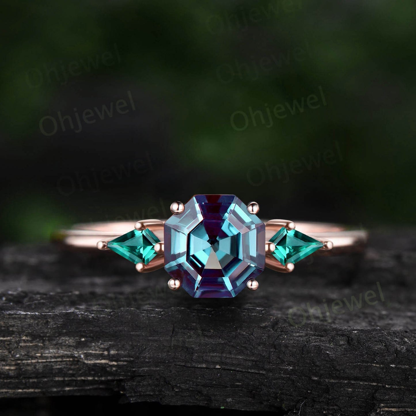 Octagon cut Alexandrite ring three stone rose gold ring kite cut Alexandrite ring dainty unique engagement ring anniversary ring for women