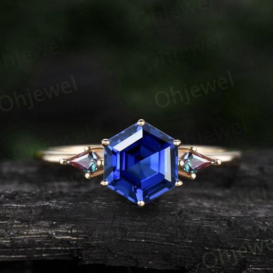 Vintage Hexagon sapphire engagement ring minimalist Three stone ring kite cut alexandrite ring gold women September birthstone bridal ring