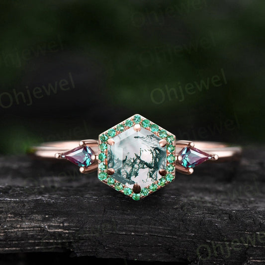 Hexagon cut green moss agate ring rose gold halo emerald ring vintage kite cut alexandrite ring women unique engagement ring gemstone ring