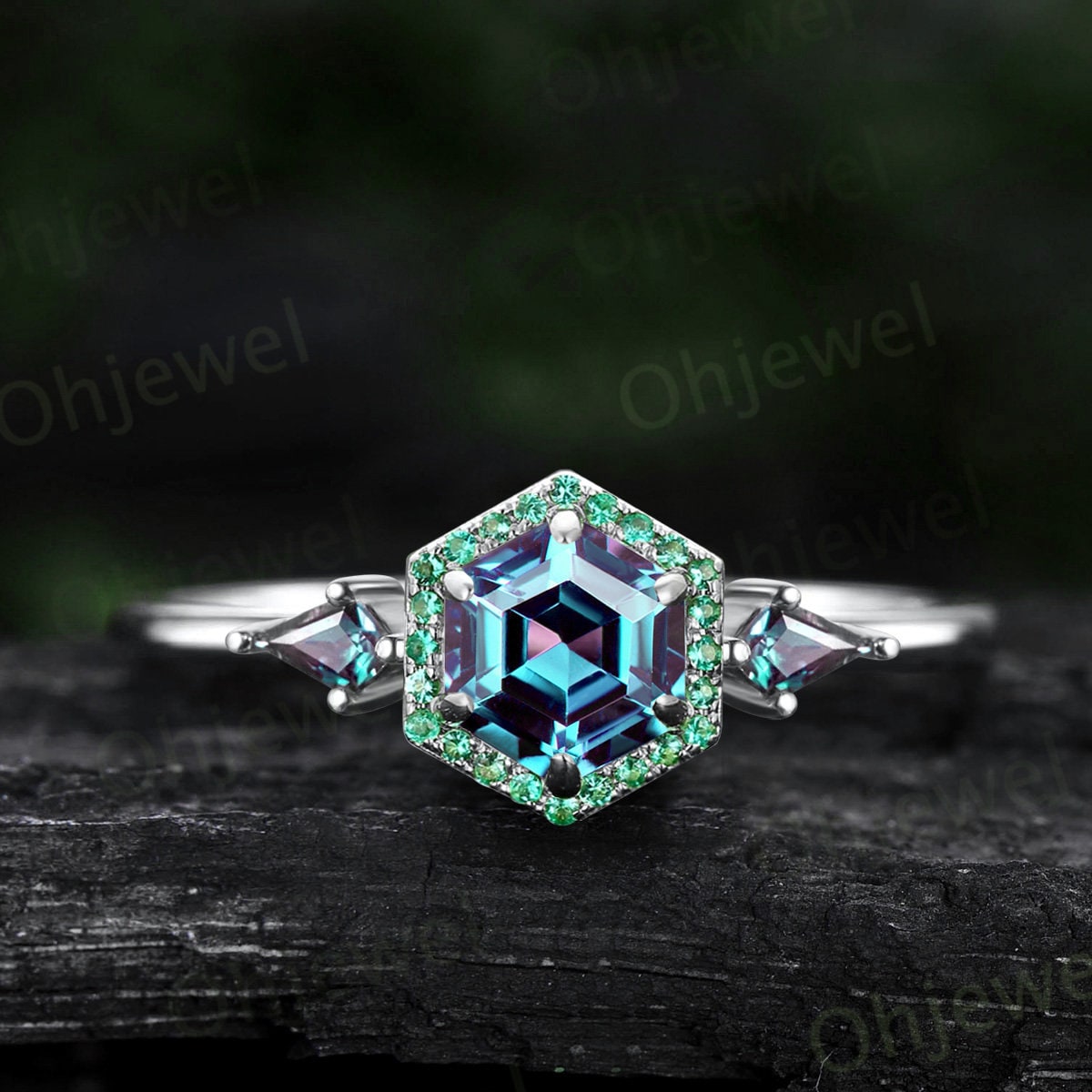 Hexagon cut Alexandrite ring rose gold halo emerald ring vintage kite cut alexandrite ring women unique engagement ring gemstone ring Gift