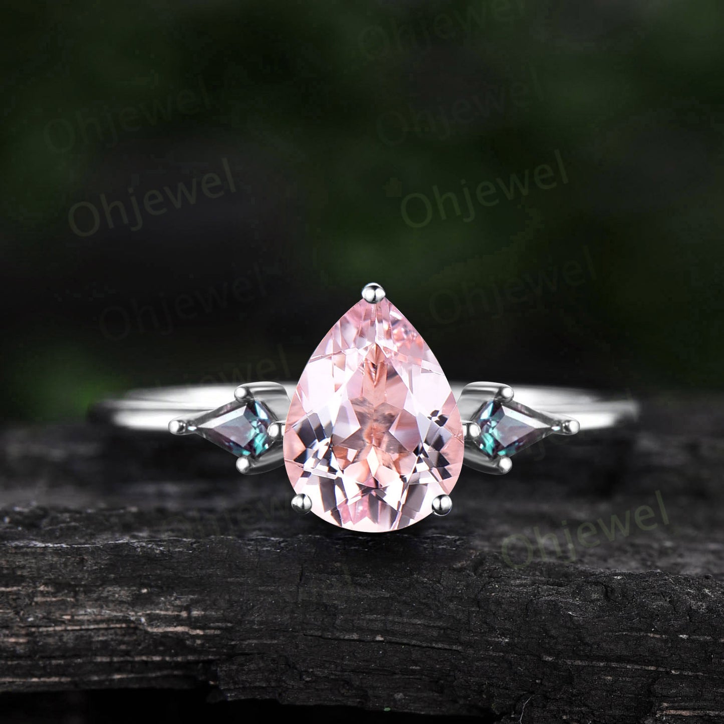 Pear shaped pink morganite ring three stone 14k rose gold ring kite cut Alexandrite ring dainty morganite engagement ring women promise ring